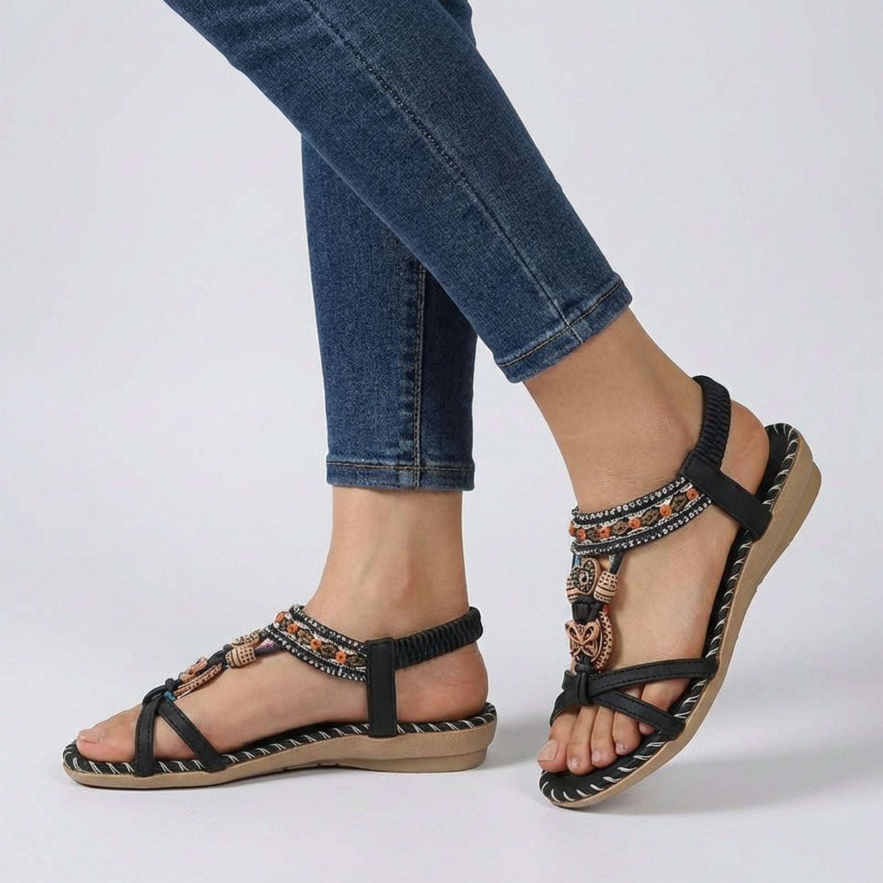 Sandales plates perlées bout ouvert slip-on accents perles décoratives femme