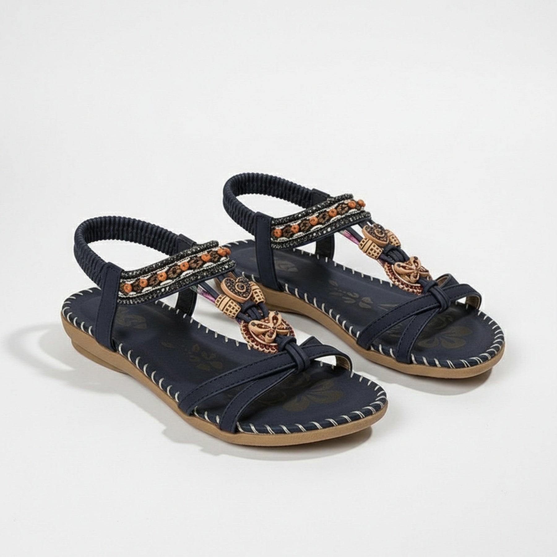 Sandales plates perlées bout ouvert slip-on accents perles décoratives femme