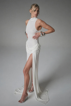 Elegant Maxi Evening Dress | Sleeveless High Neck Design