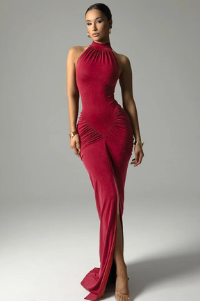 Robe maxi froncée col licou sans manches élégante pour femme