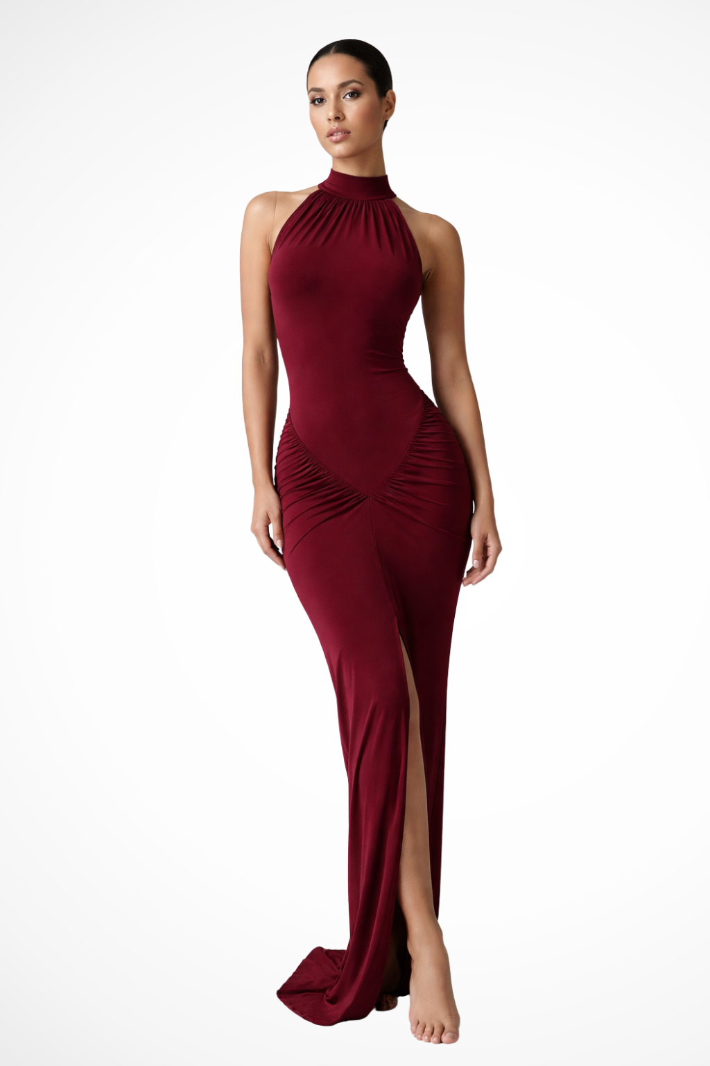 Robe maxi froncée col licou sans manches élégante pour femme