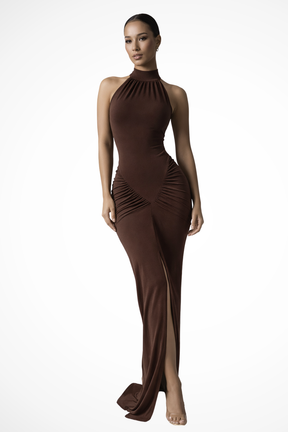 Robe maxi froncée col licou sans manches élégante pour femme