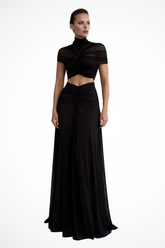 Robe de Soirée Maxi Élégante | Taille Froncée et Col Haut