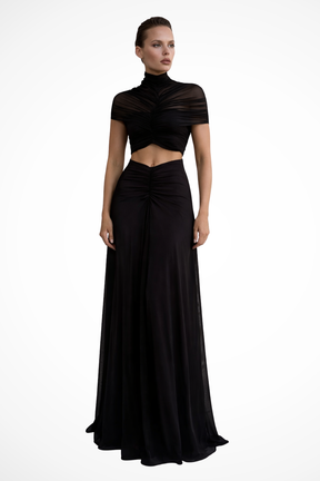 Robe de Soirée Maxi Élégante | Taille Froncée et Col Haut