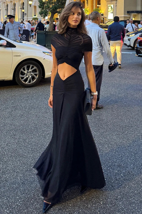 Robe de Soirée Maxi Élégante | Taille Froncée et Col Haut