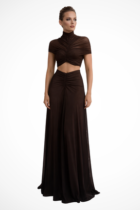 Robe de Soirée Maxi Élégante | Taille Froncée et Col Haut