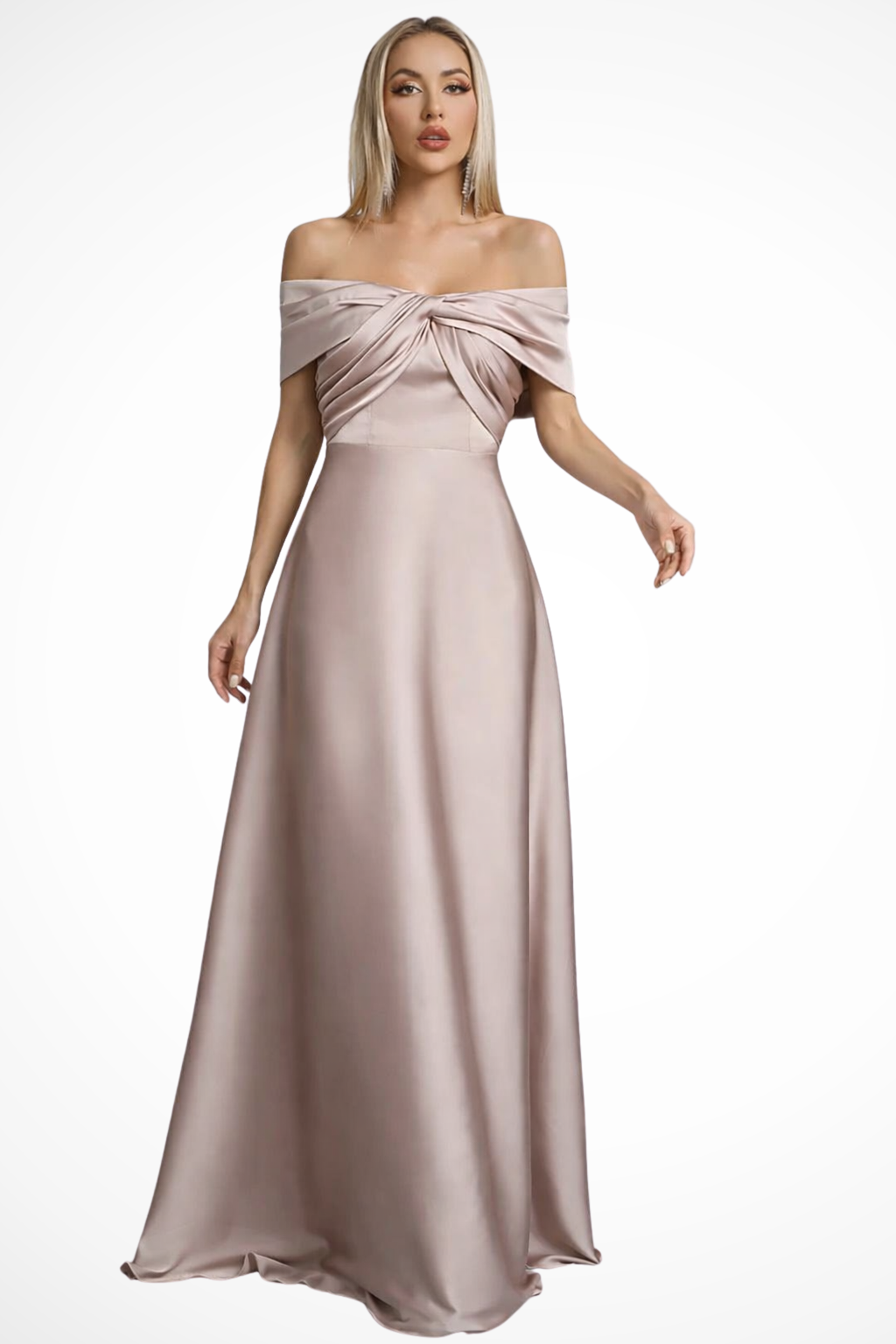 Elegant Long Satin Dress | Off-Shoulder Knot Detail