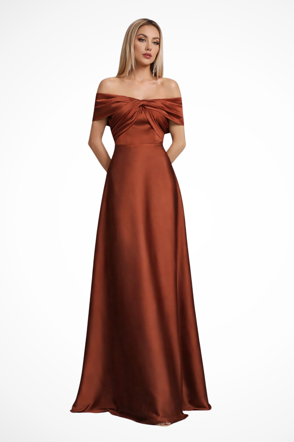 Elegant Long Satin Dress | Off-Shoulder Knot Detail