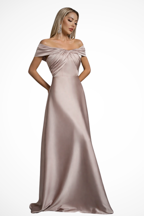 Elegant Long Satin Dress | Off-Shoulder Knot Detail