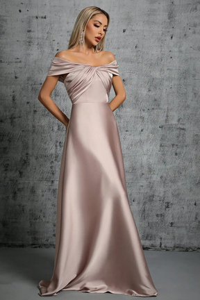 Elegant Long Satin Dress | Off-Shoulder Knot Detail