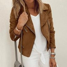 Veste de Moto Femme en Faux Daim - Fermeture Éclair Asymétrique et Poches Zippées