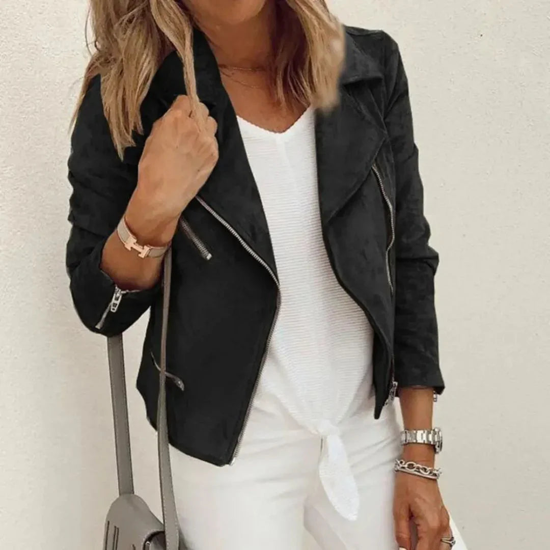 Veste de Moto Femme en Faux Daim - Fermeture Éclair Asymétrique et Poches Zippées