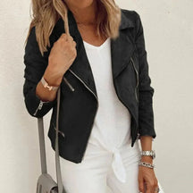 Veste de Moto Femme en Faux Daim - Fermeture Éclair Asymétrique et Poches Zippées