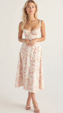 Robe midi fleurie coton femme corsage corset taille accentuée jupe fluide