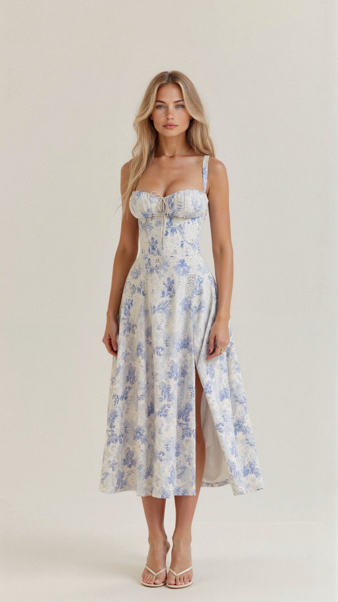 Robe midi fleurie coton femme corsage corset taille accentuée jupe fluide
