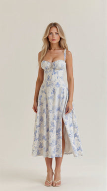 Robe midi fleurie coton femme corsage corset taille accentuée jupe fluide
