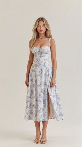 Robe midi fleurie coton femme corsage corset taille accentuée jupe fluide