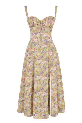 Robe midi fleurie coton femme corsage corset taille accentuée jupe fluide