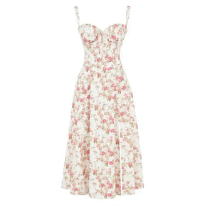 Robe midi fleurie coton femme corsage corset taille accentuée jupe fluide