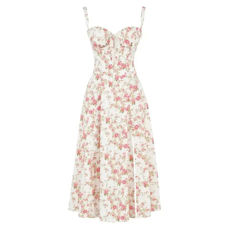 Robe midi fleurie coton femme corsage corset taille accentuée jupe fluide