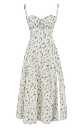 Robe midi fleurie coton femme corsage corset taille accentuée jupe fluide