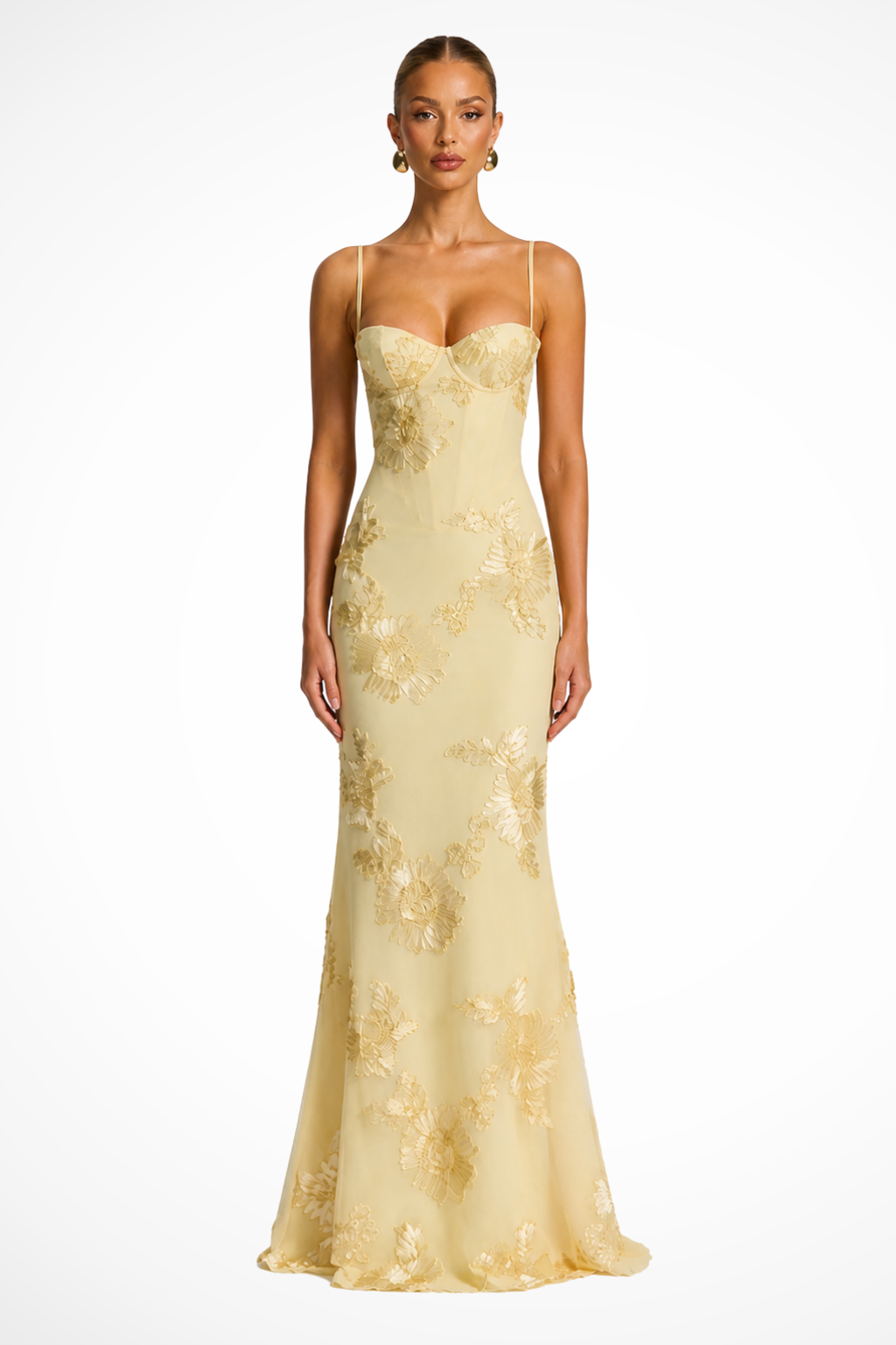 Robe longue brodée fleurie corsage corset bretelles fines femme