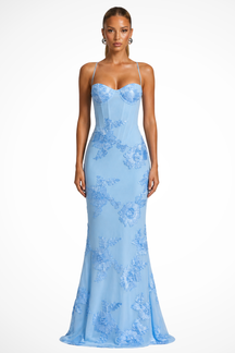 Robe longue brodée fleurie corsage corset bretelles fines femme