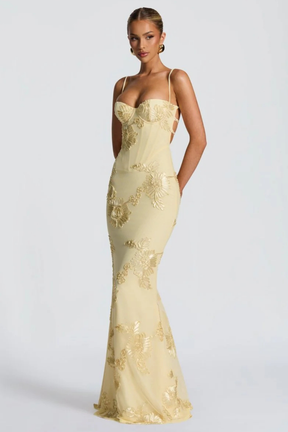 Robe longue brodée fleurie corsage corset bretelles fines femme