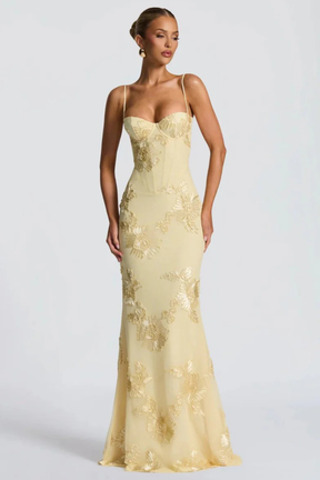 Robe longue brodée fleurie corsage corset bretelles fines femme