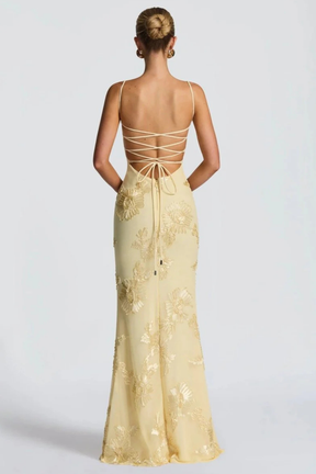 Robe longue brodée fleurie corsage corset bretelles fines femme