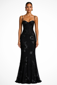 Robe longue brodée fleurie corsage corset bretelles fines femme