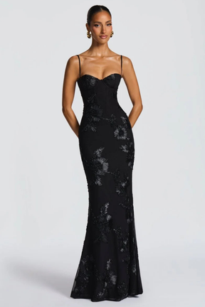 Robe longue brodée fleurie corsage corset bretelles fines femme