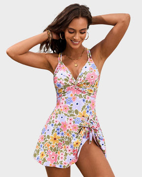 Maillot de bain une pièce fleuri femme gainant avec superposition à jupe féminine
