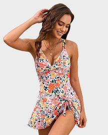 Maillot de bain une pièce fleuri femme gainant avec superposition à jupe féminine