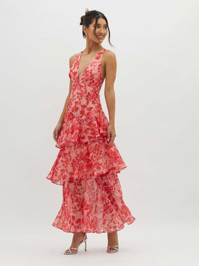 Robe maxi imprimé fleuri à volants étagés féminine pour femme