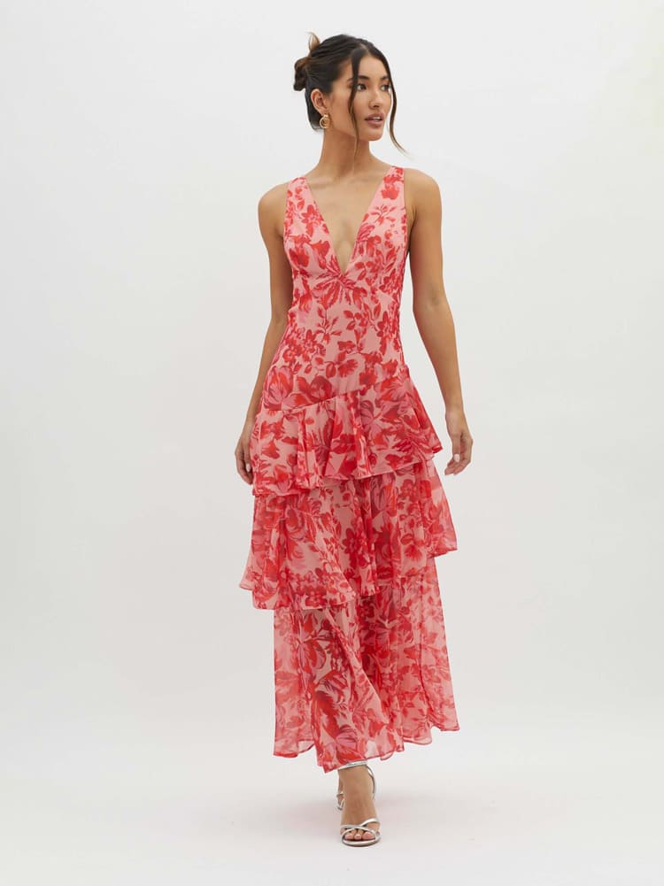 Robe maxi imprimé fleuri à volants étagés féminine pour femme
