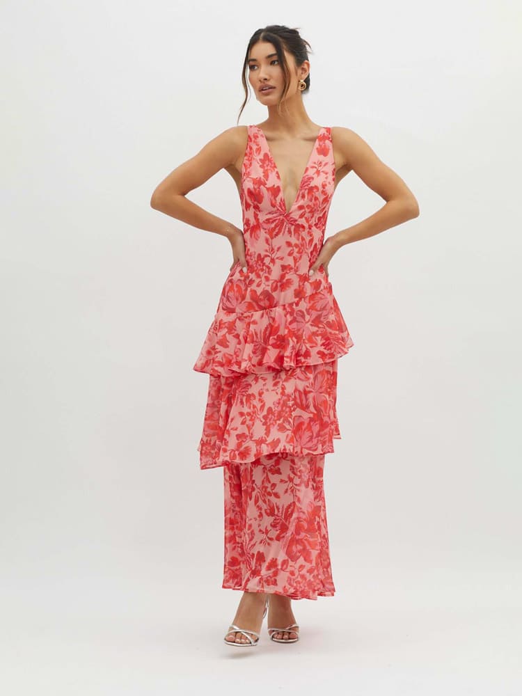Robe maxi imprimé fleuri à volants étagés féminine pour femme