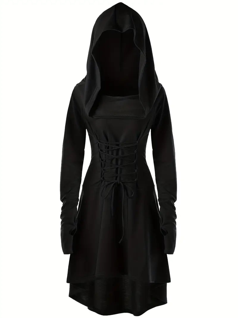 Robe Halloween Gothique à Lacets - Élégance Mystérieuse avec Capuche