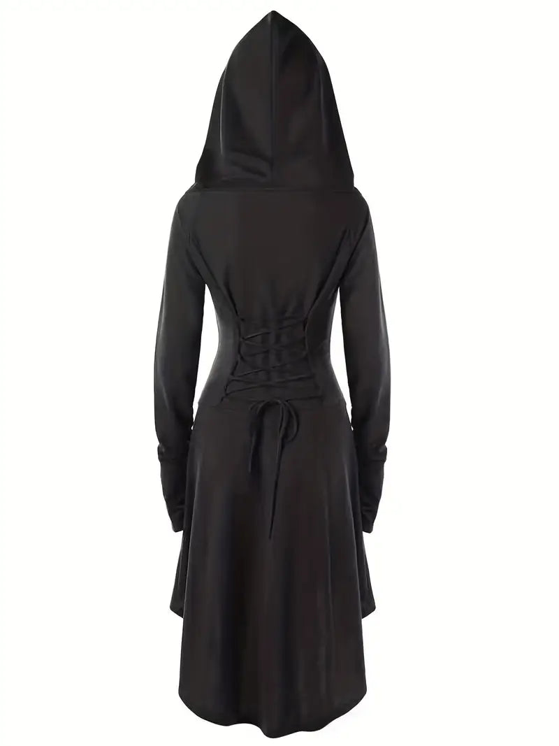Robe Halloween Gothique à Lacets - Élégance Mystérieuse avec Capuche