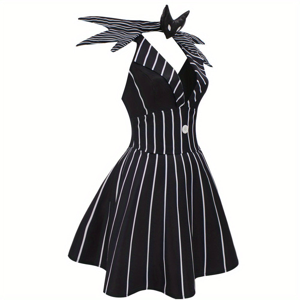 Robe de Costume Halloween Gothique - Look Unique avec Rayures et Accessoire