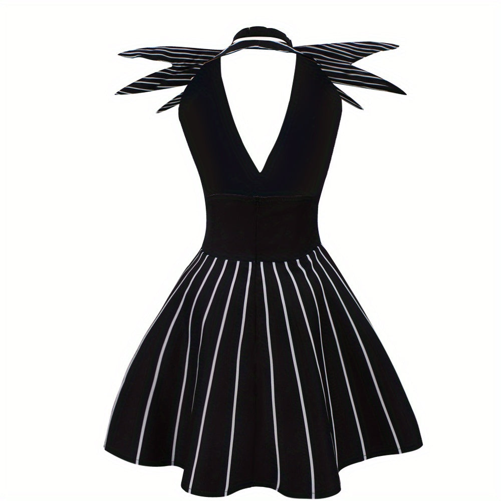 Robe de Costume Halloween Gothique - Look Unique avec Rayures et Accessoire