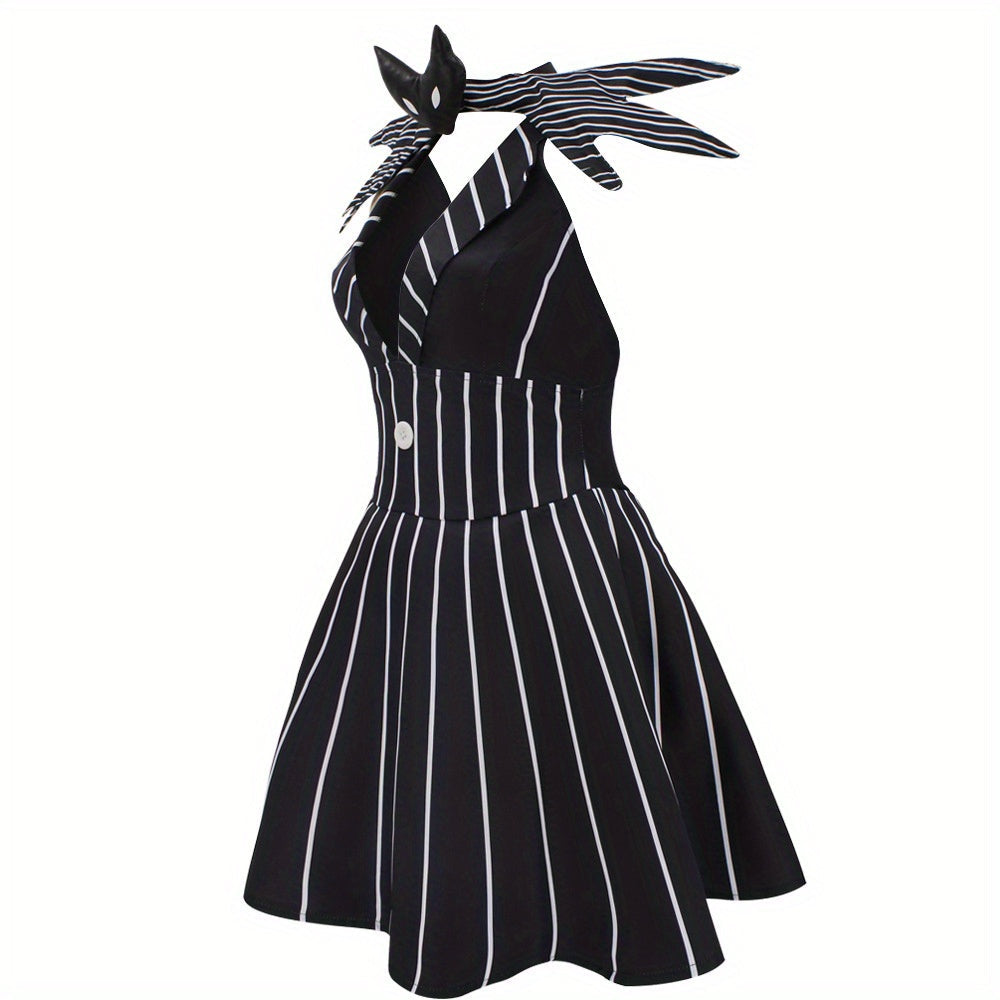 Robe de Costume Halloween Gothique - Look Unique avec Rayures et Accessoire