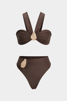 Maillot de bain deux-pièces asymétrique effet métallisé femme tendance