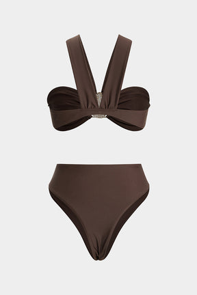 Maillot de bain deux-pièces asymétrique effet métallisé femme tendance