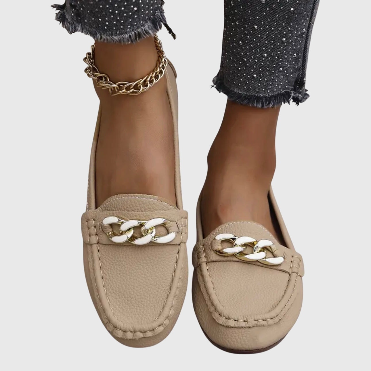 Mocassins cuir premium femme slip-on détail chaîne dorée élégants