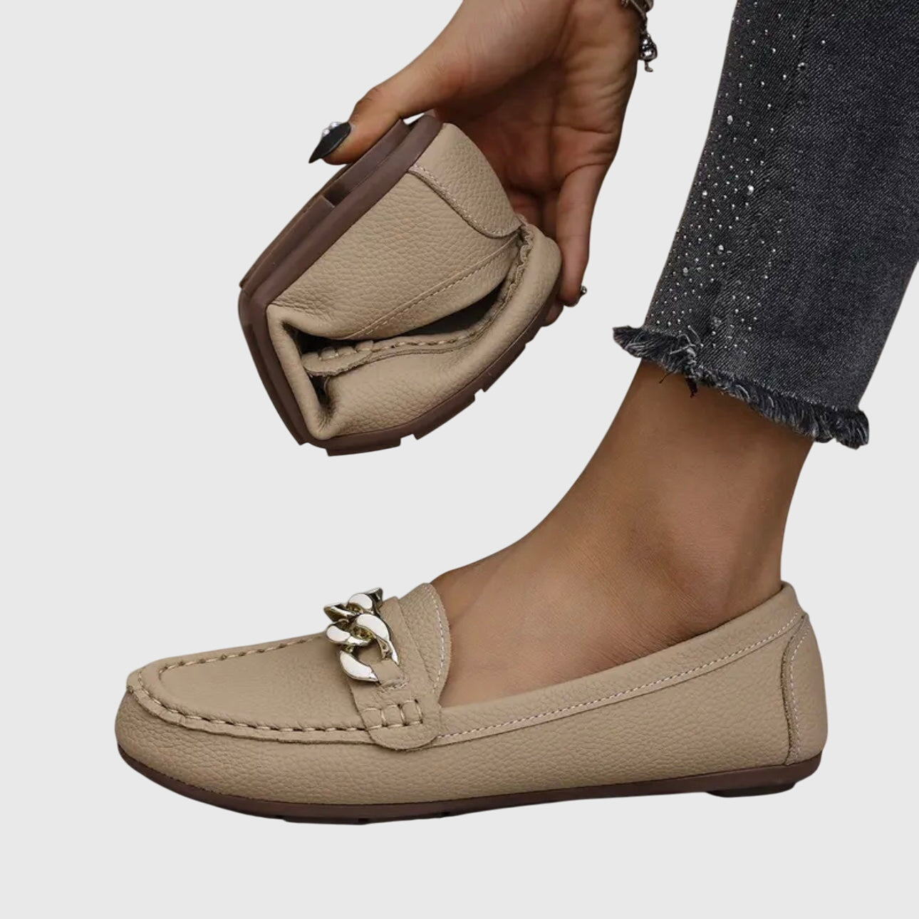 Mocassins cuir premium femme slip-on détail chaîne dorée élégants