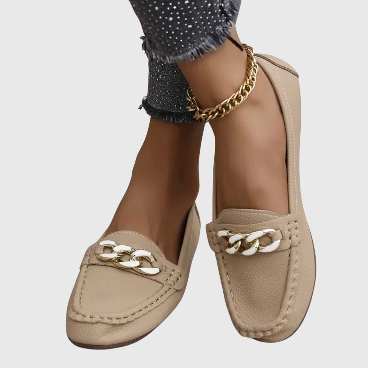 Mocassins cuir premium femme slip-on détail chaîne dorée élégants
