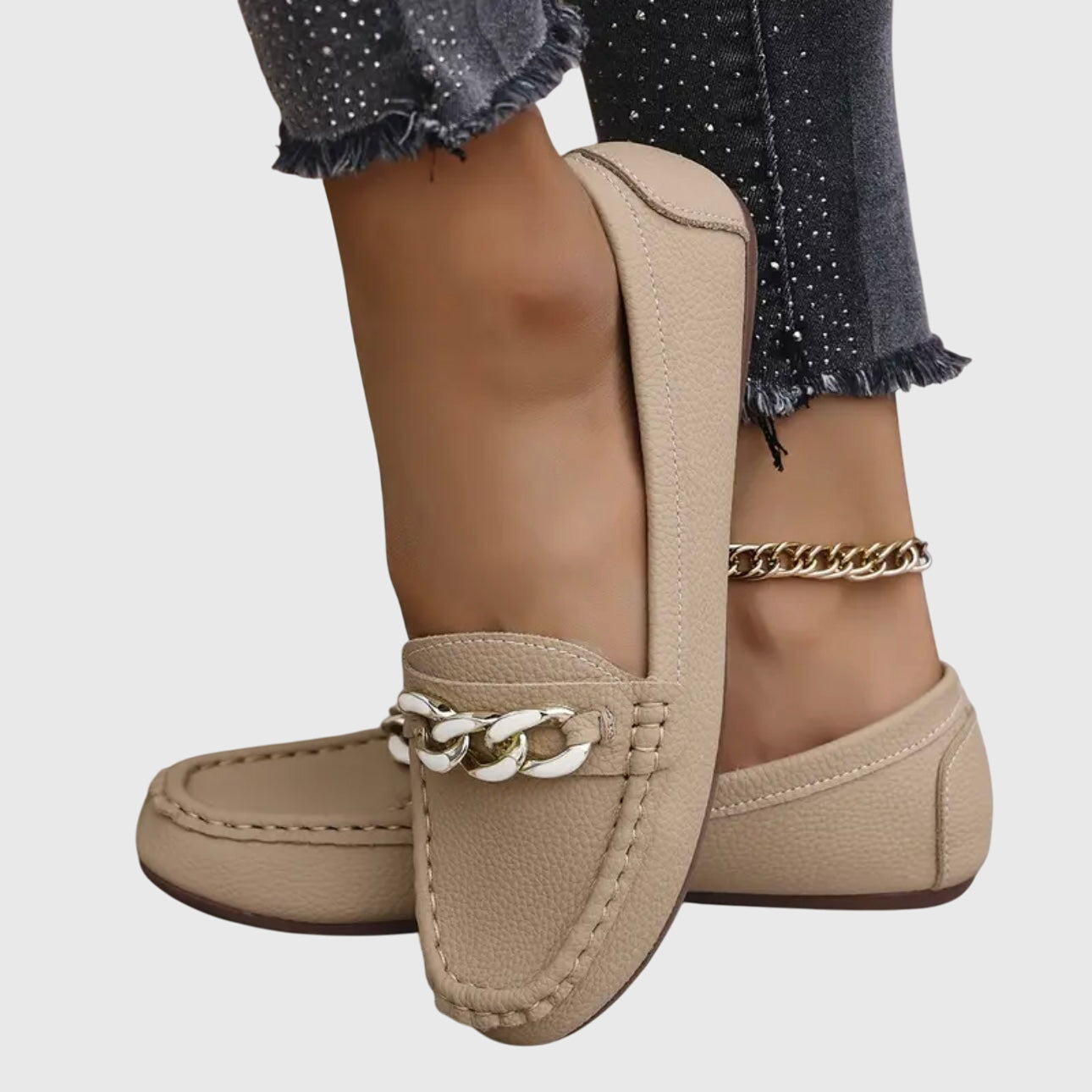 Mocassins cuir premium femme slip-on détail chaîne dorée élégants