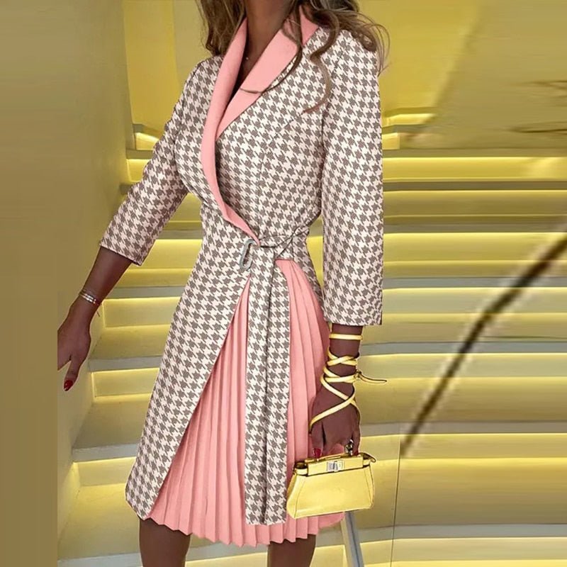 Robe Manteau Femme à Carreaux - Ceinture à Nouer et Jupe Plissée