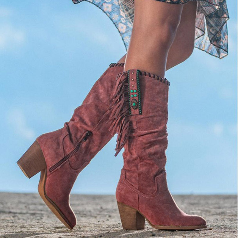 Bottes Montantes en Suédine - Détails Frangés et Élégance Moderne